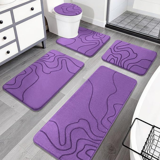 YIHOUSE Memory Foam Bathroom Rugs Sets 5 Piece, Ultra Soft Bath Mat, Purple | Ultra Soft, Extra Thick Bath Mat, Absorbent, Non-Slip, Machine Washable, For Tub, Shower & Home Decor Accessories