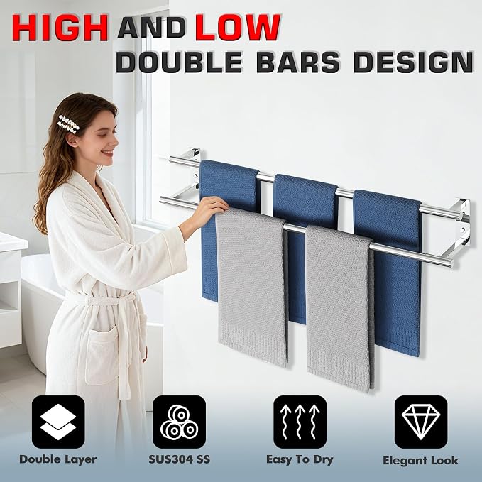 Alise 32 inch Double Towel Bar for Bathroom Wall Mounted, Polished Chrome | SUS304 Stainless Steel, Bathroom Towel Holder Towel Hanger, Towel Racks for Bathroom, Labatory, Tower Drying Rack Towel Rail