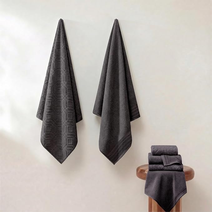 Modern Threads 6 Piece Cotton Bath Towel Set – Ultra Soft 550 GSM Towels – Bathroom Set with Hand Towels and Washcloths – Geometric (Charcoal)
