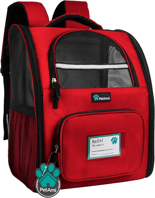 PetAmi Dog Backpack Carrier Airline Approved Cat Pet Puppy Bag, Red | Ideal for Small Medium Large Pet up to 18 lb, 2 Side Entry Structured No-Collapse Frame, Ventilated Bookbag for Hiking Travel