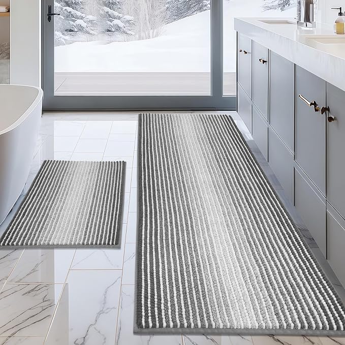 Bathroom Rugs Sets 2 Piece, Non Slip Striped Bath Mats, Gray | 24"x70" Plus 20"x32", Soft Absorbent Chenille, Quick Dry Machine Washable, Shower Rug for Bathroom Floor, Tub, Bedroom Decor
