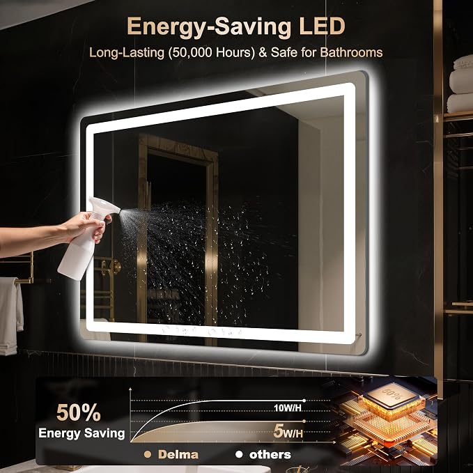 Delma 30x40 LED Bathroom Vanity Mirror with Lights, Anti-Fog, Dimmable | Front & Backlit with 3 Color Modes and Memory, 5mm Shatterproof Glass, Plug-in or Hardwired, Horizontal or Vertical