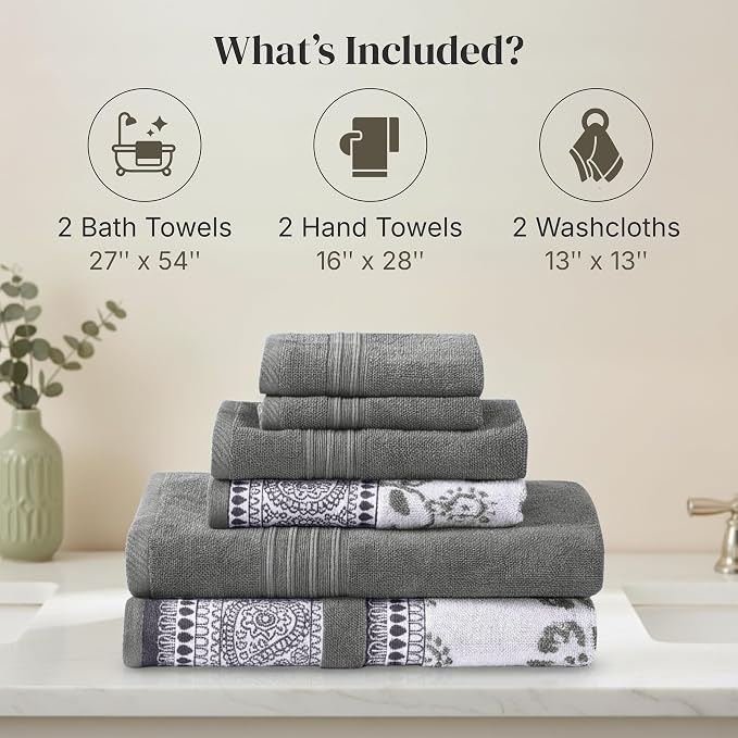 Modern Threads 6 Piece Bath Towel Set – Bathroom Set with 2 Bath Towels, 2 Hand Towels, and 2 Wash Cloths – 100% Cotton, Super Absorbent & Extra Soft – Reversible Floral Trail (Gray)