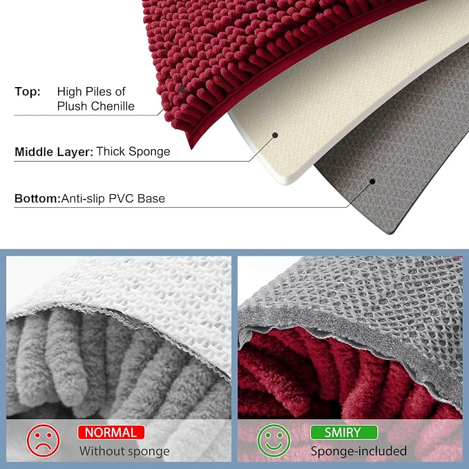 Smiry Chenille Bathroom Rugs Sets 2 Piece (30x20+24x16, Red) | Soft Absorbent Machine Washable Non Slip Shaggy Bath Rug Set for Tub, Shower, and Floor, Home Decor
