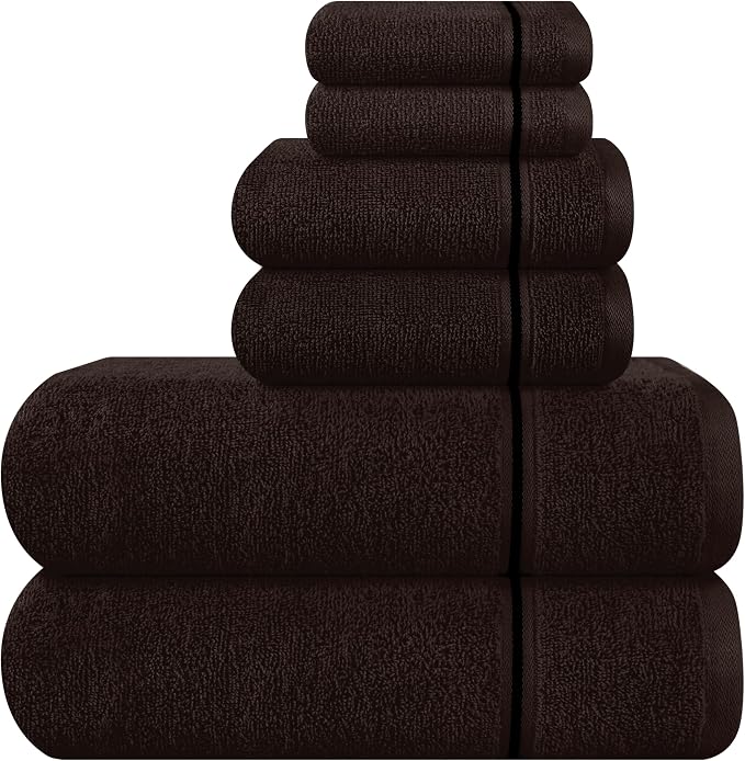 MyOwn Ultra Soft 6 Pack Cotton Towel Set, Contains 2 Bath Towels 28x55 inch, 2 Hand Towels 16x24 inch & 2 Wash Coths 12x12 inch, Ideal Everyday use, Compact & Lightweight - Chocolate Brown