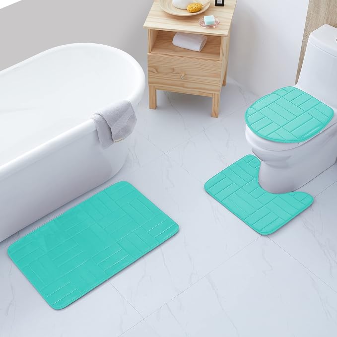 All American Collection 3PC Memory Foam Bath Mats Soft Plush Stripe Design Anti-Slip Shower Bathroom Contour Toilet Lid Cover Rugs (Stripe Aqua)
