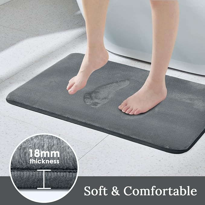 HUXMEYSON 3-Piece Memory Foam Bathroom Rug Set, Grey | Quick Dry Velvet Surface, Non-Slip & PVC Backing, Ultra Soft Bath Rugs for Bathroom, 17"x24"+20"x48"+U Shape 20"x24"