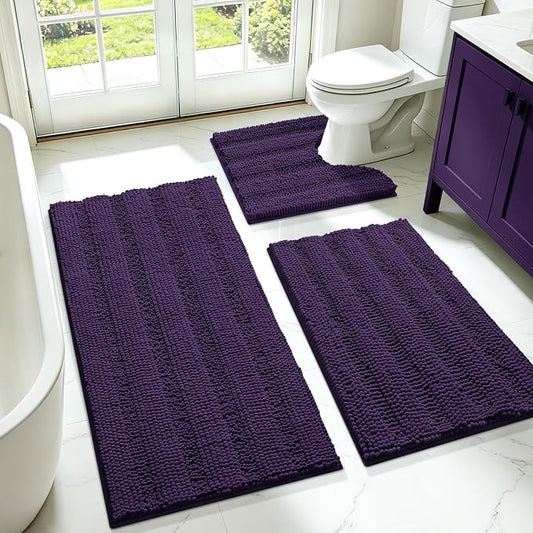 Striped Eggplant Purple Bathroom Rug Set 3 Pieces Ultra Soft, Non Slip Chenille Bath Carpet, Absorbent Plush Shaggy Bath Mats for Bathroom, Toilet, Bedroom, Kitchen