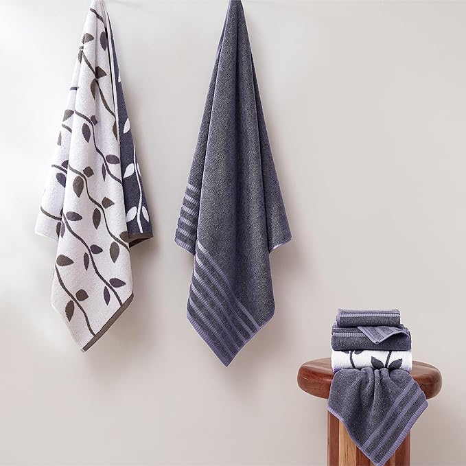 Modern Threads 6 Piece Bath Towel Set – Bathroom Set with 2 Bath Towels, 2 Hand Towels, and 2 Wash Cloths – 100% Cotton, Super Absorbent & Extra Soft – Reversible Natural Vine (Purple)