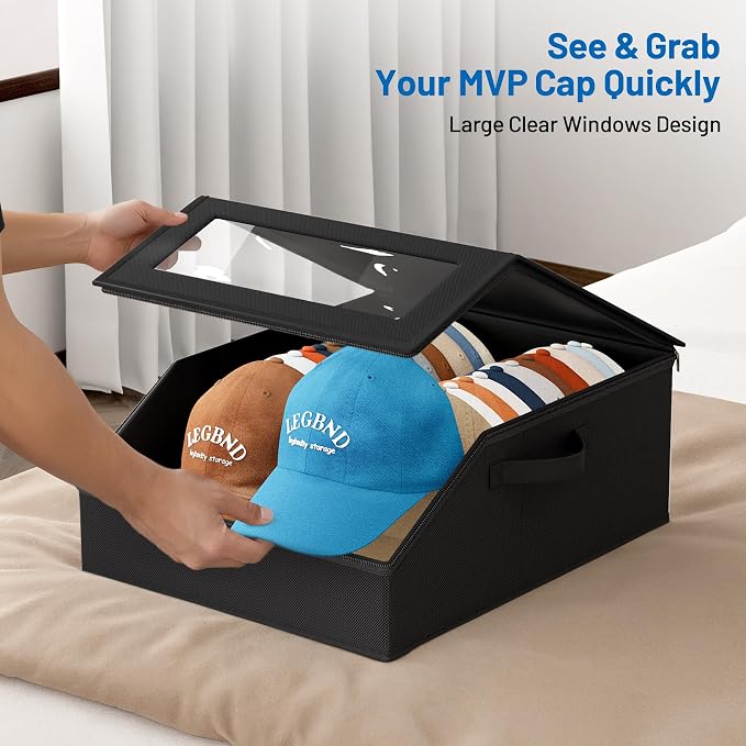 AOODA Sturdy Hat Storage for Baseball Caps, Holds up to 24 Caps Clear Hat Organizer for Closet, Bedroom, Wide Hat Box with Cardboard (Pure black)