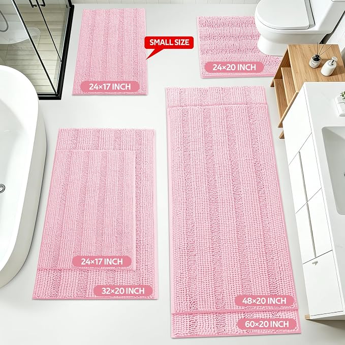 ACCUMTEK Christmas Striped Pink Bathroom Rug Mat Set 2 piece 24"x17"+48"x20" Ultra Soft, Non Slip Chenille Bath Rugs, Absorbent Plush Shaggy Bath Mats for Bathroom, Bedroom, Kitchen, Shower, Tub
