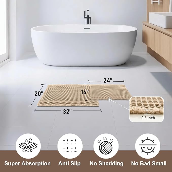 JIUZHEN Set of 2 Waffle Bath Mats Boho Bath Rugs 16"x24"+20"x32", Brown | Non Slip, Super Absorbent, Washable, Ultra Soft, Fast Drying Waffle Bathroom Rugs for Bathroom Floor, Tub, Shower