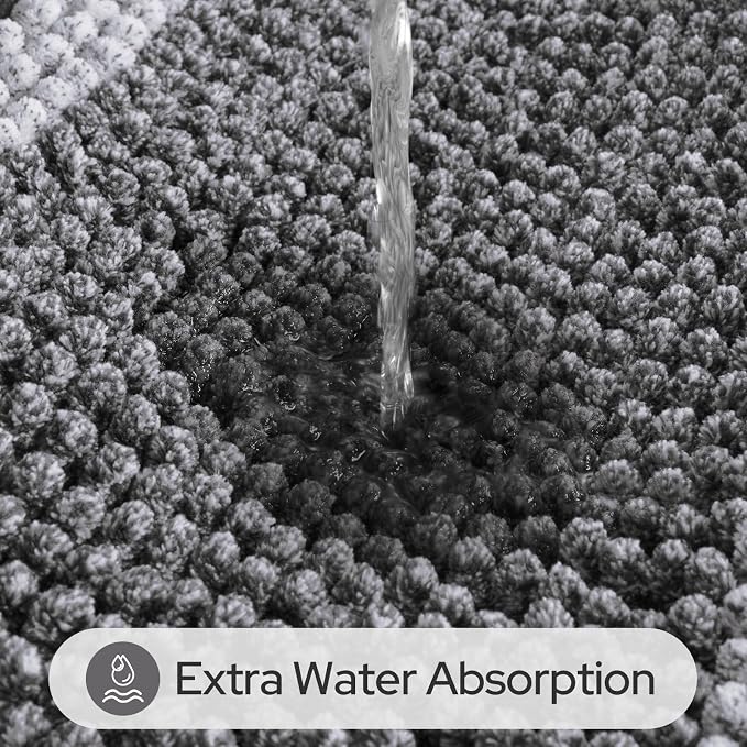 HOMEIDEAS Grey Bathroom Rugs Set of 2, Striped Chenille, 20"x32"+17"x24" | Non Slip Absorbent Bath Mats, Fluffy Striped Chenille Soft Shaggy Bath Rugs for Bathroom Floor and Tub, Machine Washable