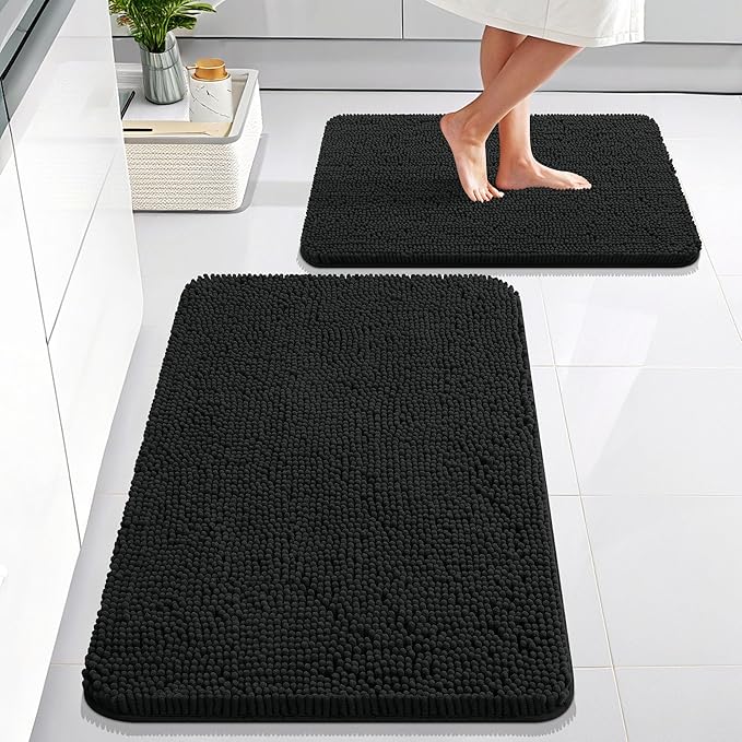 OLANLY Chenille Bathroom Rugs Mats Sets 2 Piece, 30"x20"+24"x16", Black | Ultra Soft Absorbent Bath Rugs Set, Rubber Backing Non-Slip, Quick Dry, Machine Washable Bath Carpet, Home Decor Accessories