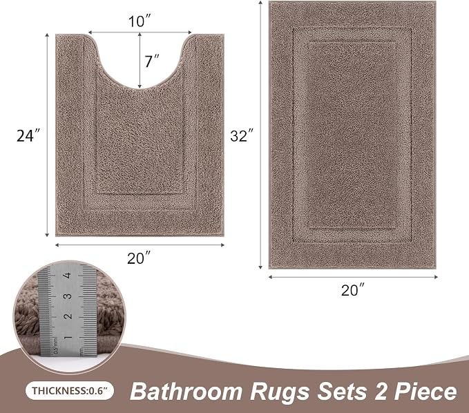 SHACOS Soft Microfiber Bathroom Rugs Set 2 Pieces with Toilet Rug | Absorbent Plush Bath Mat U Shaped Contour Bath Shower Rug, Non Slip Washable Fluffy Bathroom Floor Mats, 32x20+24x20, Coffee