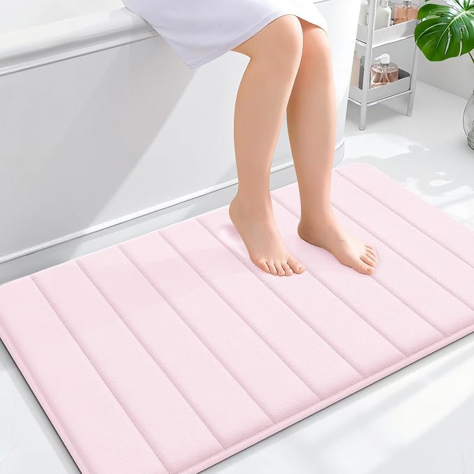 OLANLY Memory Foam Large Bath Mat 40x24, Super Soft Absorbent Bathroom Rugs | Pink, Quick Dry Bath Rug, Machine Washable Shower Floor Mats, Bathmat Carpet for Bathroom Floor, Tub and Shower