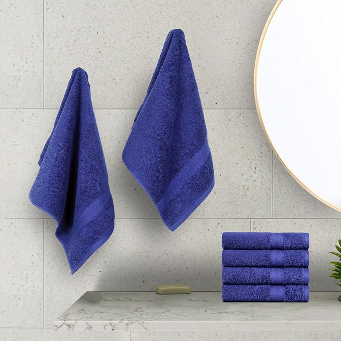 Amazon Basics 100% Cotton Fade-Resistant Hand Towels for Bathroom, Soft Absorbent, 26" x 16", Navy Blue, 6-Pack
