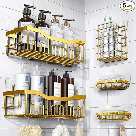 Shower Caddy 5 Pack,Adhesive Shower Organizer for Bathroom Storage&Home Decor&Kitchen,No Drilling,Large Capacity,Rustproof Stainless Steel Bathroom Organizer,Shower Shelves for Inside Shower-Larger