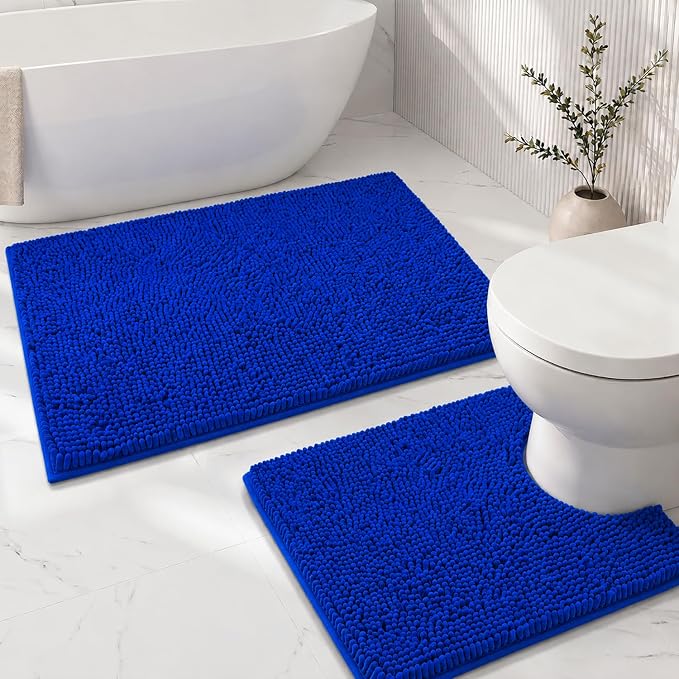 Bathroom Rugs Sets 2 Piece,Super Absorbent Soft,Thick,Machine Washable Chenille Bath Mat,Non Slip Toilet Floor Rug,Bath Mats for Bathroom,20x32 Plus 20x20 U Shape,Royal Blue