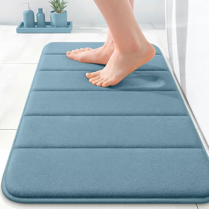 OLANLY Memory Foam Bath Mat 35x16, Super Soft and Absorbent Bathroom Rugs | Airy Blue, Quick Dry Bath Rug, Machine Washable Shower Floor Mats, Bathmat Carpet for Bathroom Floor, Tub and Shower