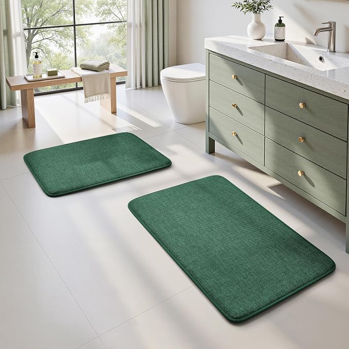 HOMEIDEAS Memory Foam Bathroom Rugs Set, Dark Green 24"x17"+32"x20" | Ultra Absorbent Quick Dry Bath Mats with Non Slip PVC Backing, Machine Washable, Ideal for Bath Floor, Shower and Tub