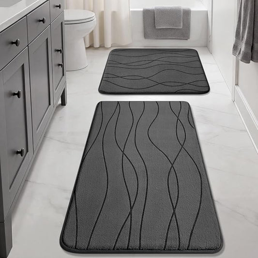 Bathroom Rugs Set 2 Piece, Memory Foam Bath Mat Dark Grey | 17x24& 20x32, Ultra Soft, Absorbent, Non-Slip, Machine Washable, for Bathroom, Sink and Toilet