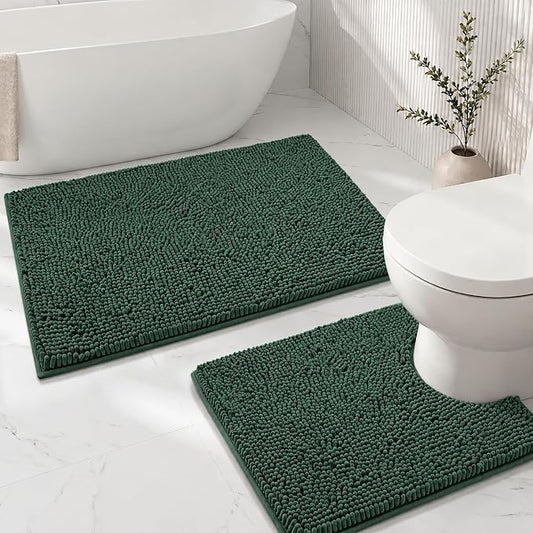 Bathroom Rugs Sets 2 Piece,Super Absorbent Soft,Thick,Machine Washable Chenille Bath Mat,Non Slip Toilet Floor Rug,Bath Mats for Bathroom,20x32 Plus 20x20 U Shape,Dark Green