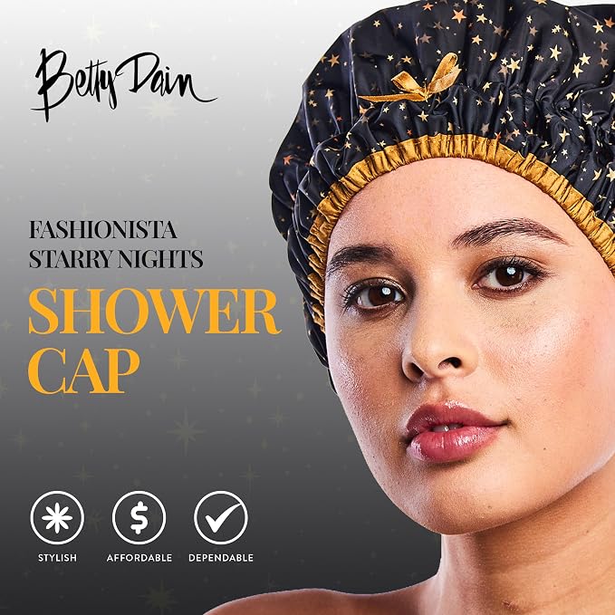 Betty Dain Fashionista Reusable Shower Cap, Starry Nights | Oversized Waterproof PEVA Lined Bath Cap for All Hair Lengths, Elastic Stretch Hem Hair Hat