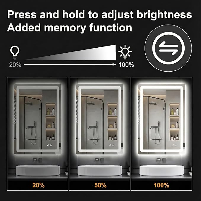 LED Bathroom Mirror with Lights, 20 x 30 Lighted Vanity Wall Mirror | Backlit and Frontlit, Anti-Fog, Dimmable 3 Colors, Shatter-Proof Tempered Glass, Memory Function, Plug-in/Hardwired