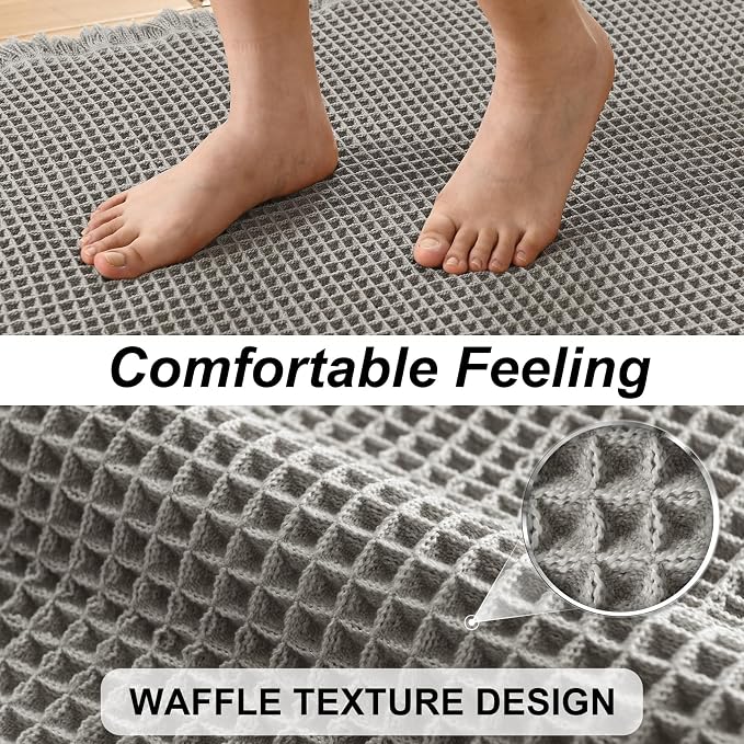 JIUZHEN Set of 2 Waffle Bathroom Rugs Non Slip Bath Mats, 16"x24"+24"x60" | Grey, Boho, Super Absorbent, Washable, Ultra Soft, Fast Drying Bath Rug and Bathroom Runner for Kitchen Hallway Laundry