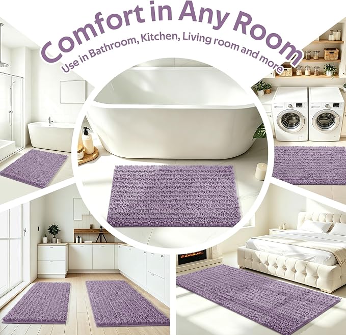 Upgrade Luxury 2 Piece Lavender Toilet Bathroom Rug Mat U Shape 24"x20"+48"x20", Ultra Soft Thick Absorbent Bath Mats, Non Slip Chenille Toilet Mat for Bathroom, Bedroom, Kitchen, Shower, Tub
