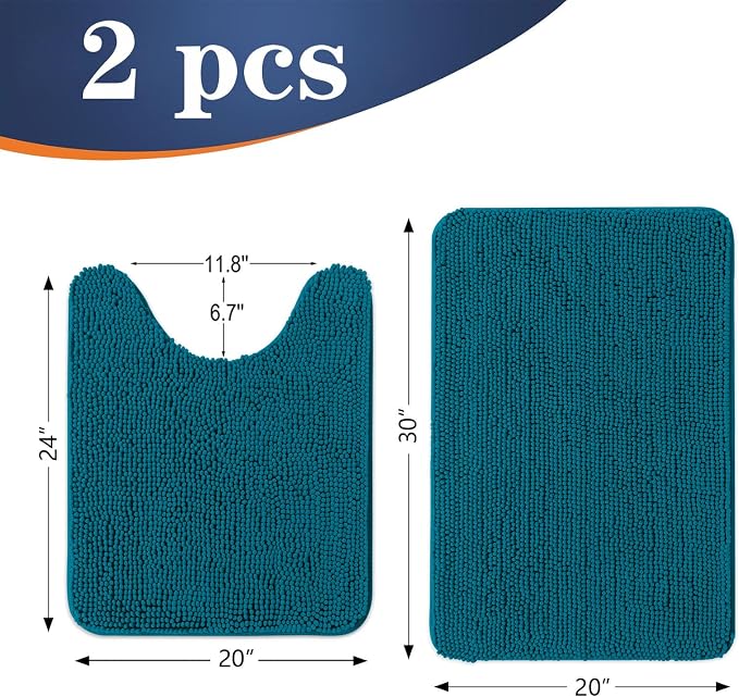 OLANLY Chenille Bathroom Rugs Sets 2 Piece, 30"x20"+24"x20", Peacock Blue | Soft Absorbent Bath Mat and U-Shaped Contour Toilet Rug Set, Quick Dry, Machine Washable Bath Carpet, Home Decor Accessories