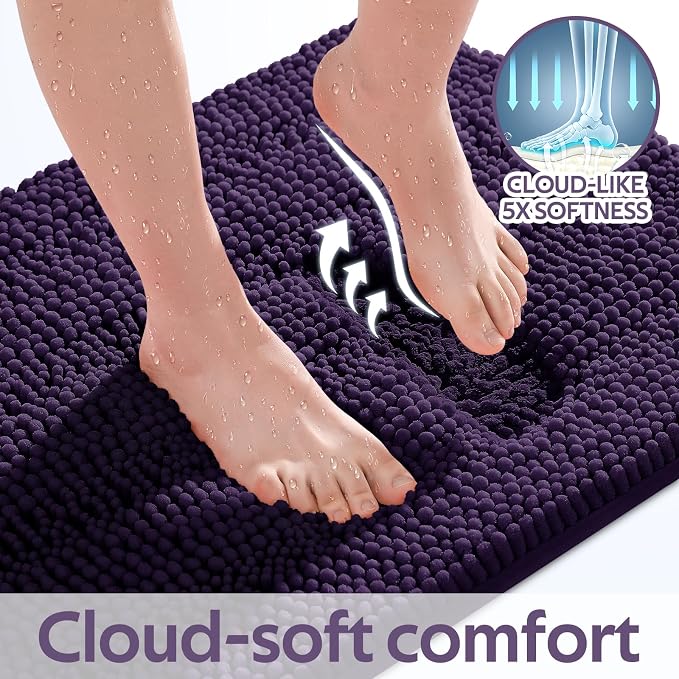 ACCUMTEK Striped Eggplant Purple Bathroom Rug Mat Set 2 piece 24"x17"+48"x20" Ultra Soft, Non Slip Chenille Bath Rugs, Absorbent Plush Shaggy Bath Mats for Bathroom, Bedroom, Kitchen, Shower, Tub