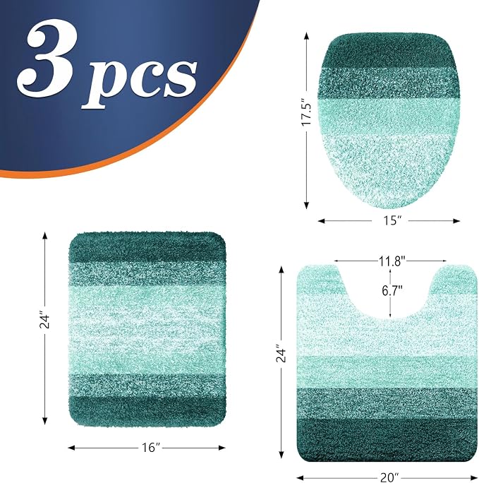 OLANLY Bathroom Rugs Sets 3 piece, Soft Microfiber Absorbent Bath Mat, U-Shaped Contour Toilet Mat and Toilet Lid Cover, Quick Dry, Machine Washable, Toilet Cover and Rug Set, Blackish Green