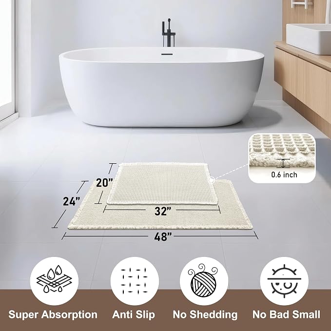 JIUZHEN Set of 2 Waffle Bath Mats Boho Bathroom Runner Rug 20"x32"+24"x48" | Ivory, Non Slip, Super Absorbent, Washable, Ultra Soft, Fast Drying Bath Rug and Bathroom Runner for Kitchen Hallway Laundry