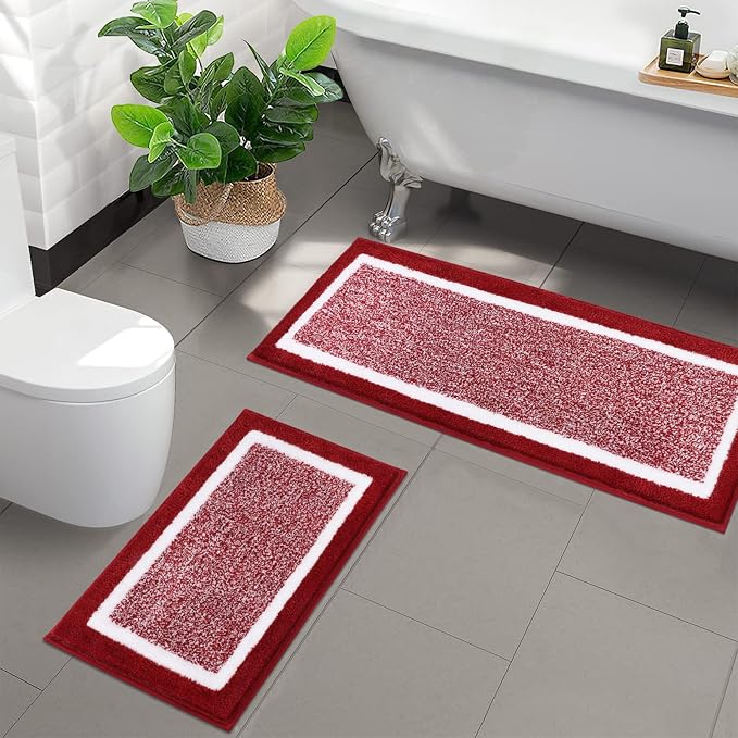 Pauwer Bathroom Rugs Sets 2 Piece, Non Slip Washable Bath Mat, Red | Soft Plush Microfiber, Super Absorbent Floor Carpet, Quick Dry, Shaggy Shower Rug Runner