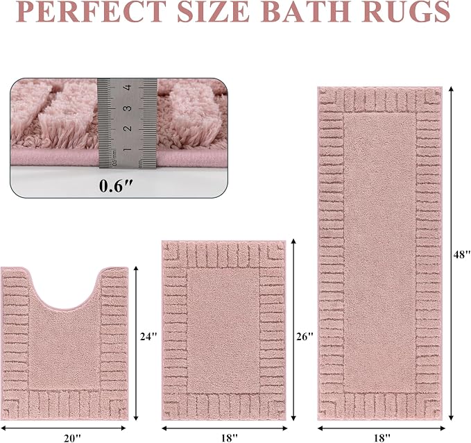 Pauwer Bathroom Rugs Sets 3 Piece, Microfiber Bath Mat Set, Dusty Pink | Non Slip Washable, Soft Plush, Extra Absorbent Bath Mats, U Shaped Contour Toilet Rug for Bathroom