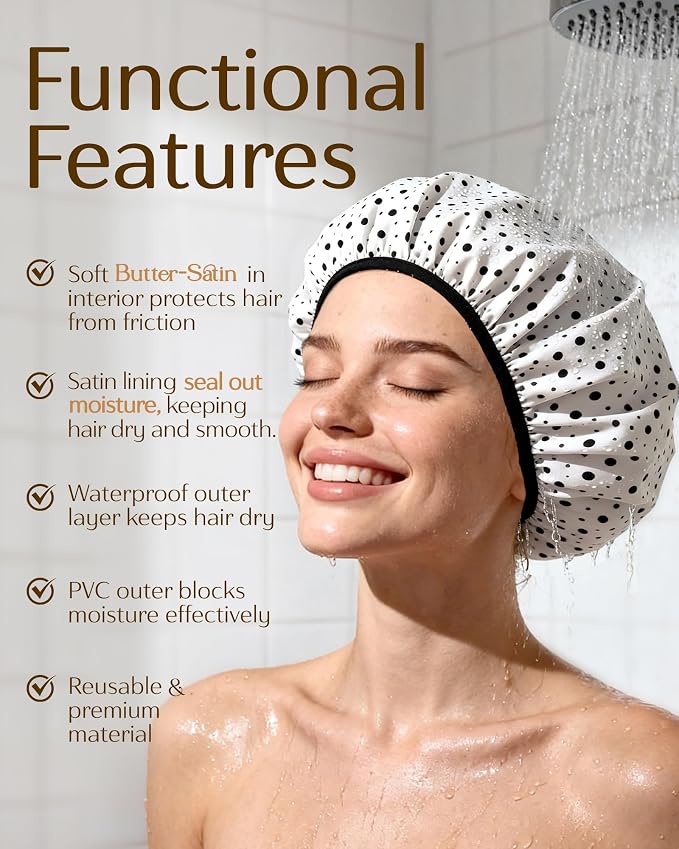 Yanibest Frizz Free Satin Lined Shower Cap with Soft Elastic Band | Frizz Free & Large Durable Bath Cap with Soft Elastic Band, Luxury Hair Protection Caps, Nylon Shower Hair Cap