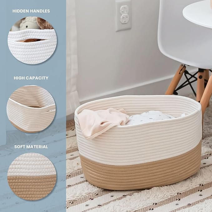 Honey Cotton Rope Baskets for Shelves, Set of 3 - 15"×10"×9½" - Woven Storage Baskets for Organizing - Closet, Nursery, Bedroom, Playroom - Toys, Books, Towels, Clothes