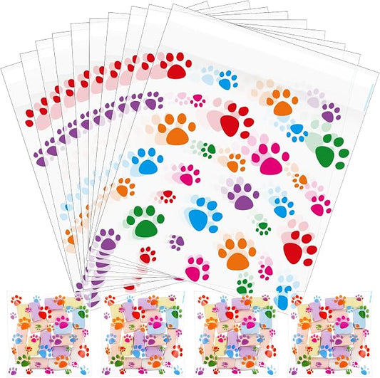Pasimy 200 Pcs Paw Plastic Bags Pet Cellophane Bags Self-adhesive Clear Treat Pouches for Pet Dog Theme Party Supplies Decor(Clear Colorful)