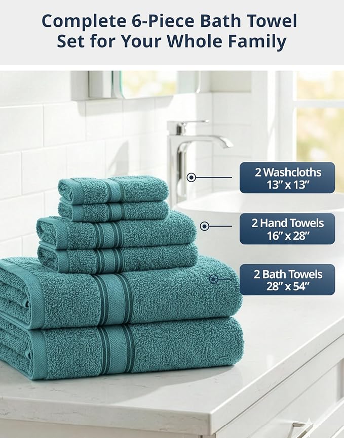 LANE LINEN Towel Set 6 Piece Soft Absorbent Quick Dry 100% Cotton - Teal | Towel Pack - Terry Weave Comfort, Long-Lasting Comfort, Hotel-Style Look, Gets Softer With Every Wash, Machine Washable