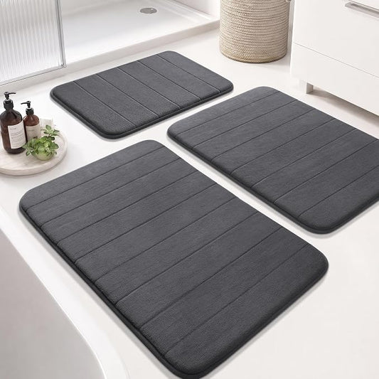 Yimobra Memory Foam Bath Mat Set 3 Pieces- Super Soft Absorbent Quick Dry Bathroom Rug Sets, Machine Washable Non Slip Floor Carpet for Tub Shower, Vanity & Toilet Base, Dark Gray