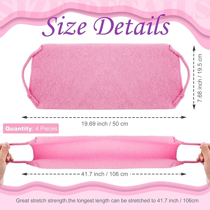 Moukeren Exfoliating Back Scrubber with Handles 4 Pack Nylon Back Exfoliator Extended Length Washers Scrubbers Stretchable Pull Strap Exfoliating Washcloth(Pink, Purple)