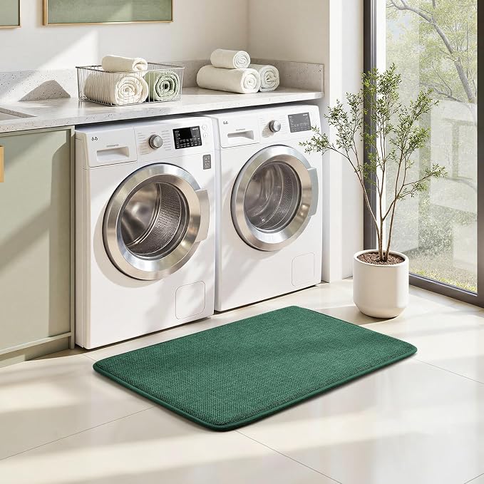 HOMEIDEAS Memory Foam Bathroom Rugs Set, Dark Green 24"x17"+32"x20" | Ultra Absorbent Quick Dry Bath Mats with Non Slip PVC Backing, Machine Washable, Ideal for Bath Floor, Shower and Tub