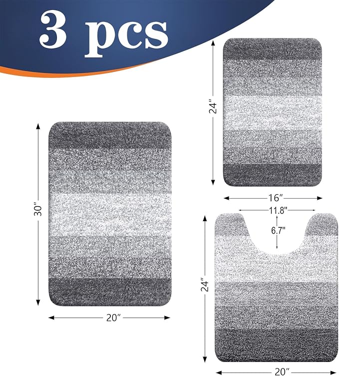 OLANLY Microfiber Bathroom Rugs Sets 3 Piece, 30"x20"+24"x16"+24"x20" | Grey, Soft Absorbent Bath Mats and U-Shaped Contour Toilet Rug, Machine Wash Dry, Plush Shaggy Bath Mat Set for Bathroom