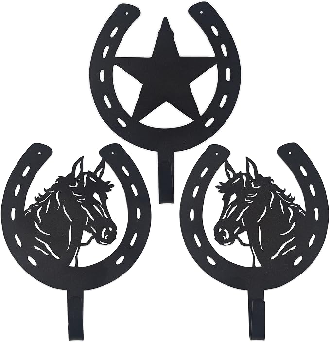 3PCS Horse Star Rustic Ranch Horse Head Hook Coat Hooks, Key Hooks