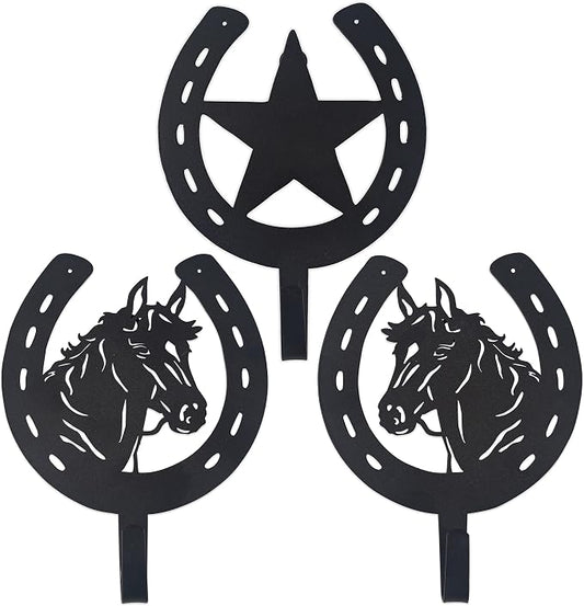 3PCS Horse Star Rustic Ranch Horse Head Hook Coat Hooks, Key Hooks