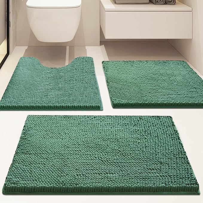 Bathroom Rugs Sets 3 Piece Non Slip,Bath Rugs with PVC Backing Bath Carpet,Bathroom Rug Washable,Absorbent,Plush Carpet Mats,Bath Mats for Bedroom, Kitchen,Tub,Home Decor Dark Green