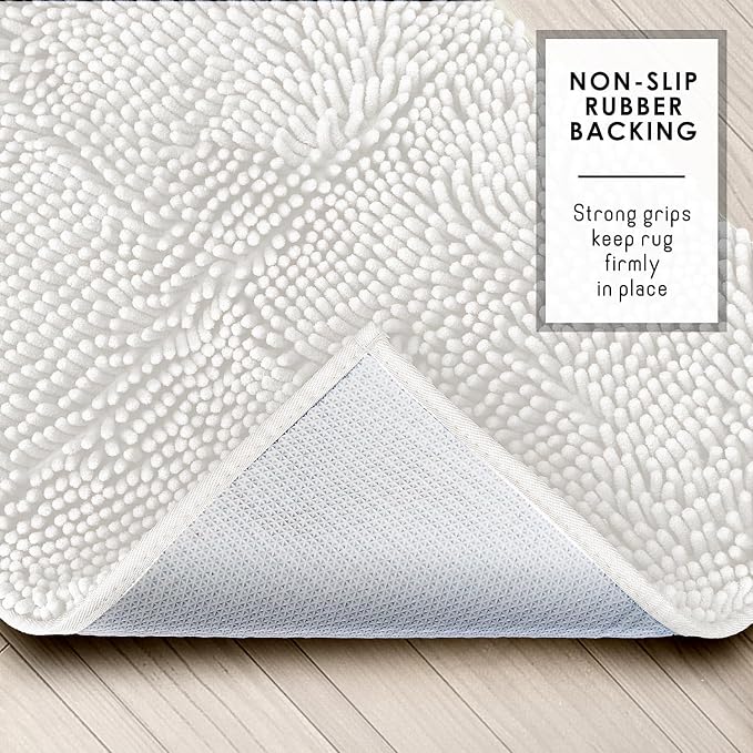 Hearth & Harbor Bathroom Rugs, Chenille Bath Mat - Machine Washable Bath Mats for Bathroom Non-Slip Backing Rubber, Quick Dry Bathroom Mat - White 17x24-20x24