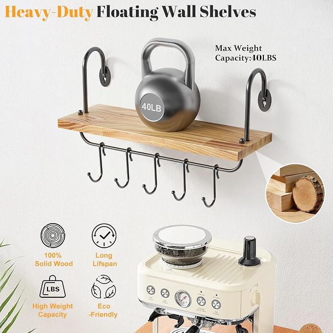 Olakee Floating Wall Shelves for Kitchen Bathroom Coffee Nook with 10 Adjustable Hooks for Coffee Mugs, Coffee Bar Organizer and Decor, Rustic Storage Shelves Set of 2